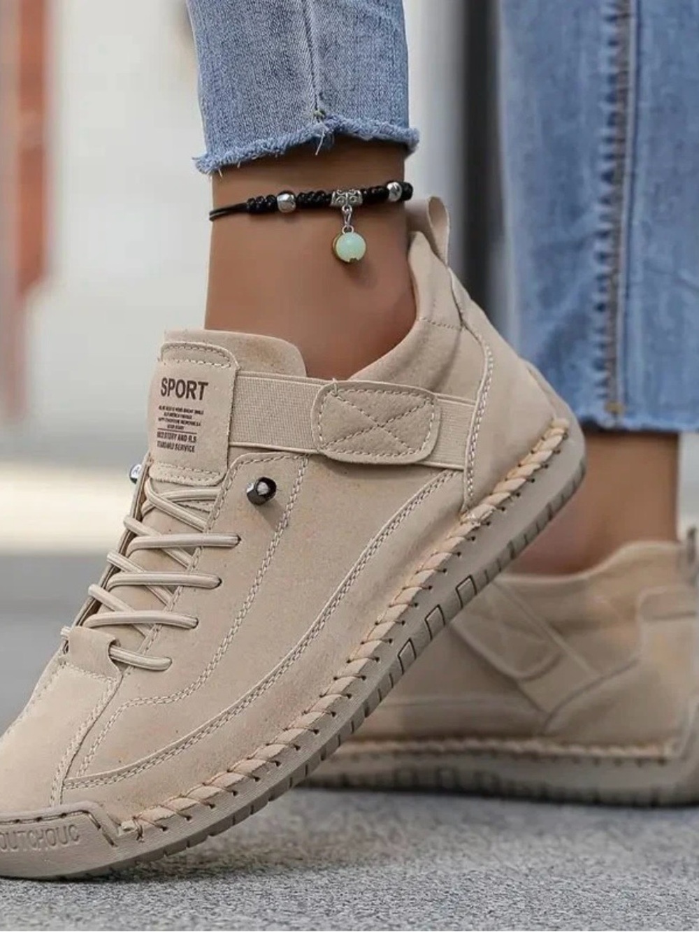 Sporto Beige Women's Sneakers with Strap and Lace Detail